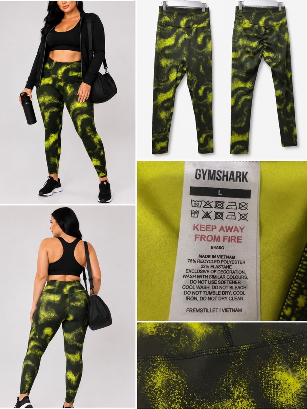 Gymshark | NWOT Neon Lime Black Camouflage Abstract Scrunch Butt Leggings (sz L)